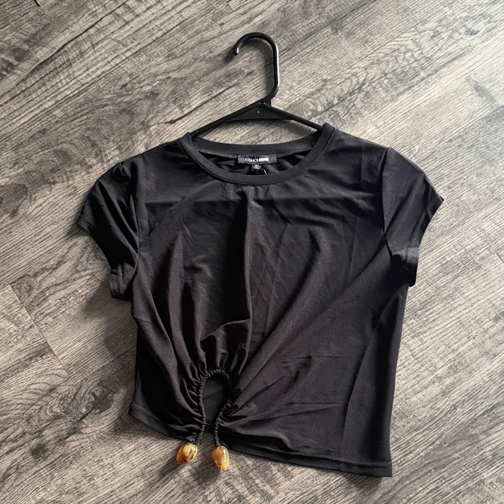 Black Ruched Drawstring Crop Top with Beaded Detailing